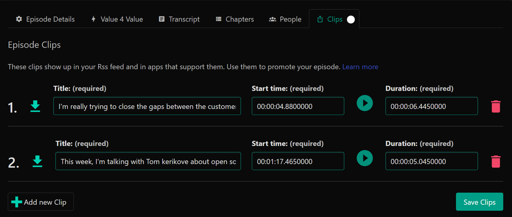 Clip management in Podhome