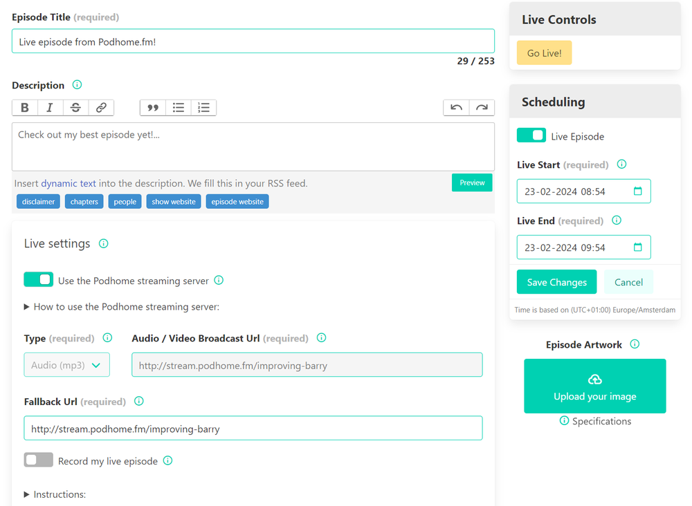 Configure live podcasting in Podhome