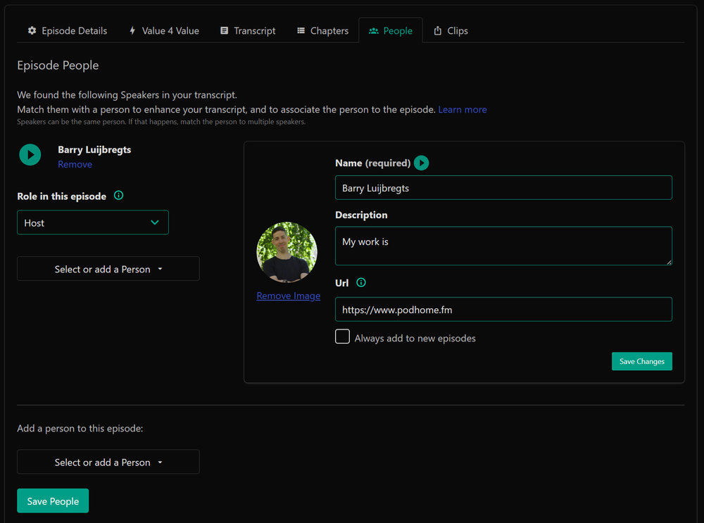 Configure person details in Podhome