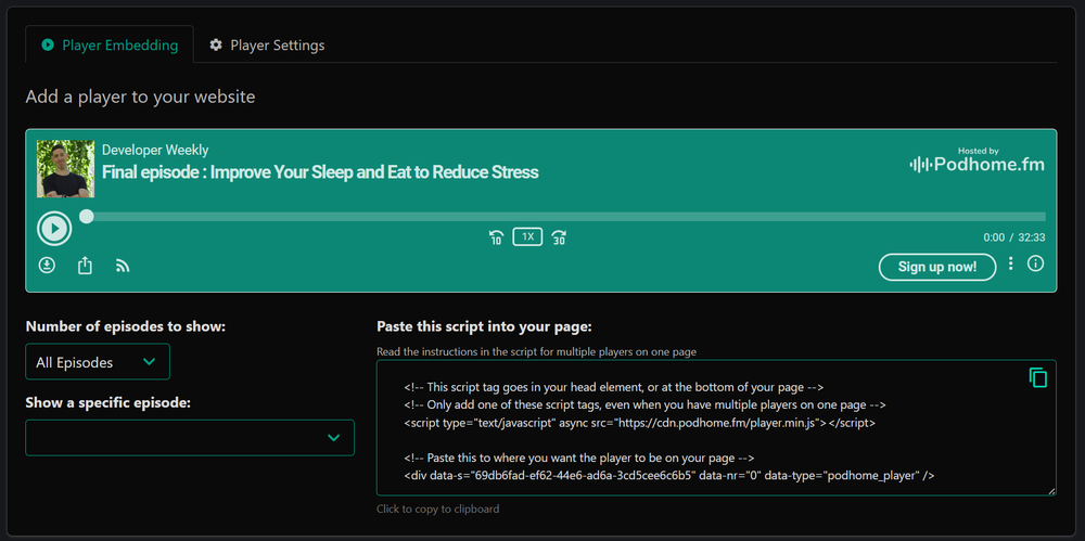 Embed the embeddable podcast player screen in Podhome