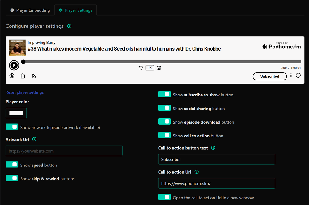 Embeddable podcast player settings screen in Podhome
