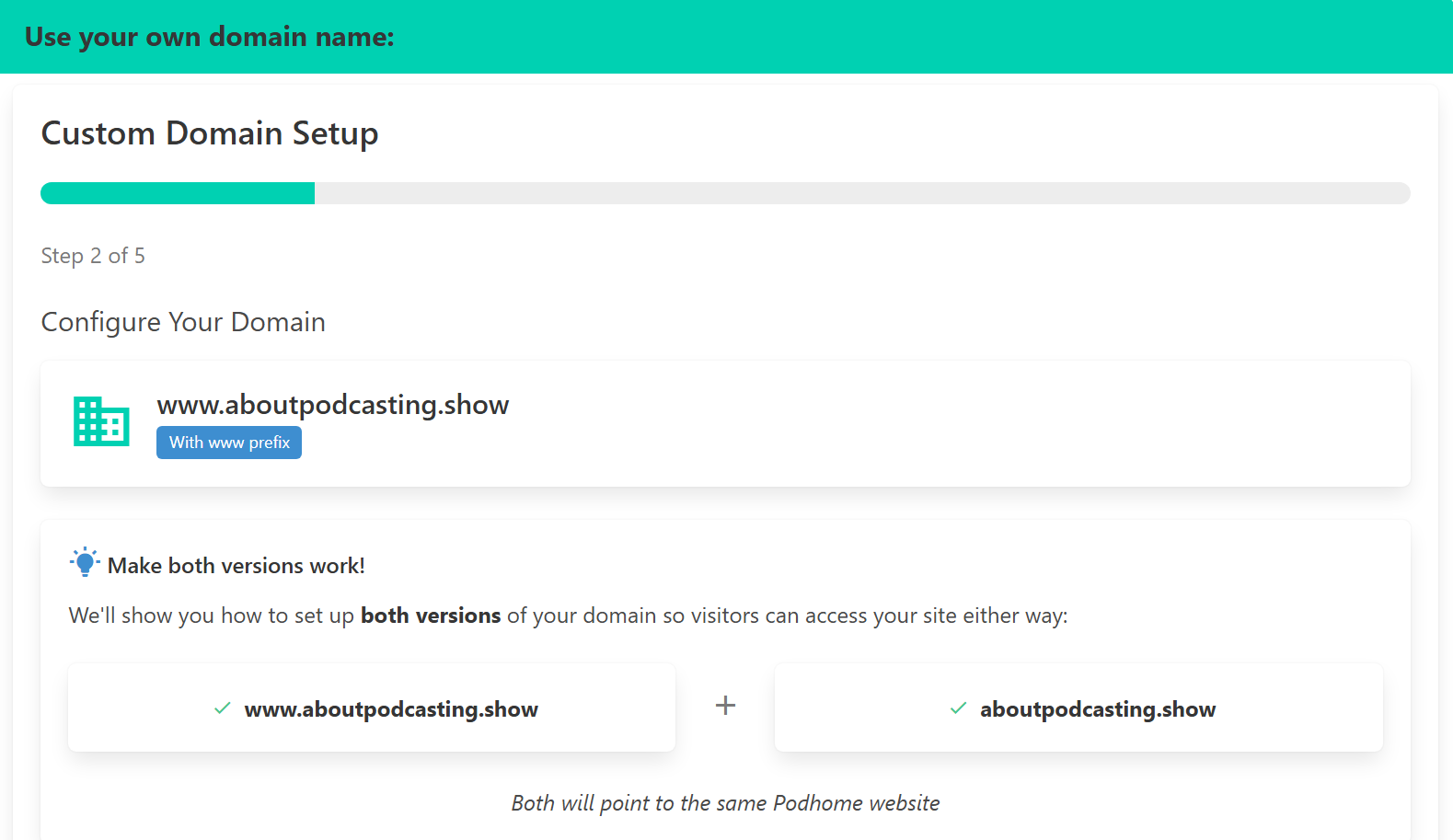 Domain configuration settings screen in Podhome