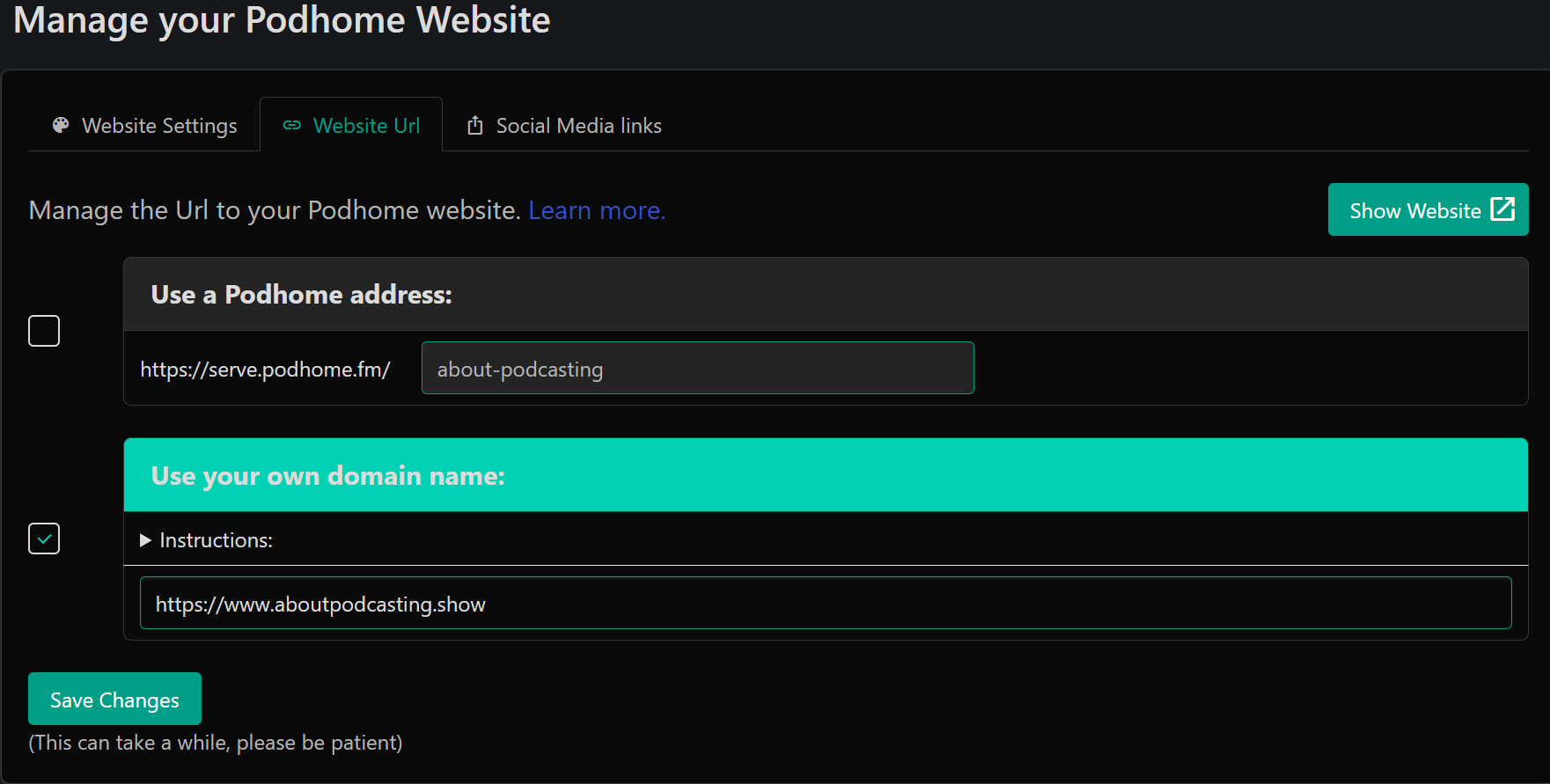 Domain configuration settings screen in Podhome