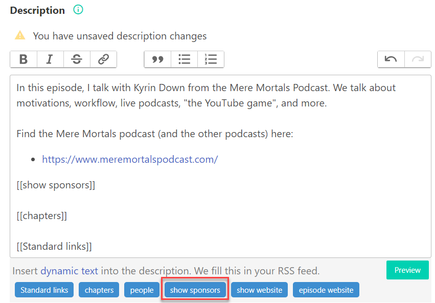 Add sponsor descriptions to your episode show-notes with Podhome dynamic text