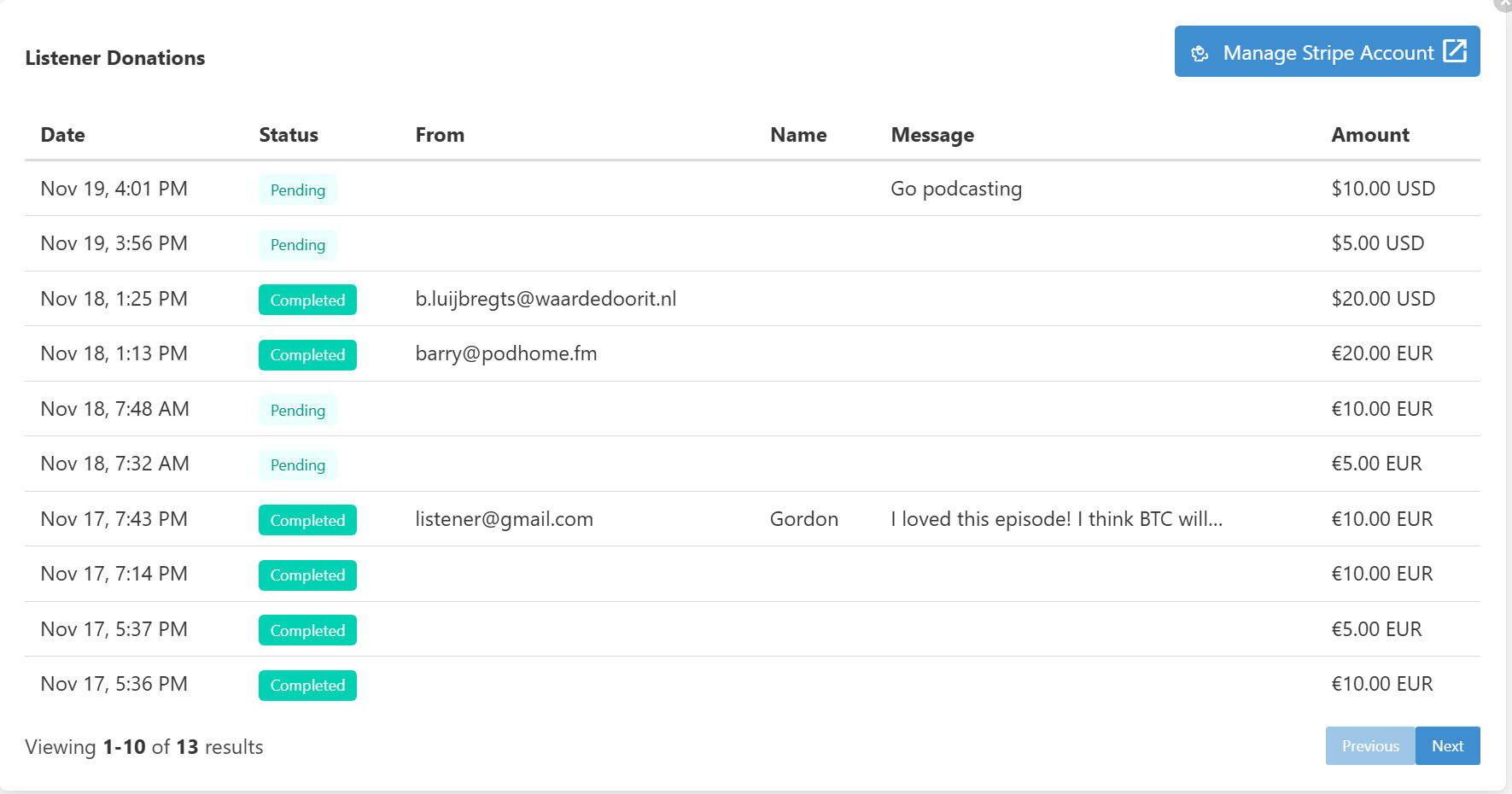 Listener donations in Podhome analytics