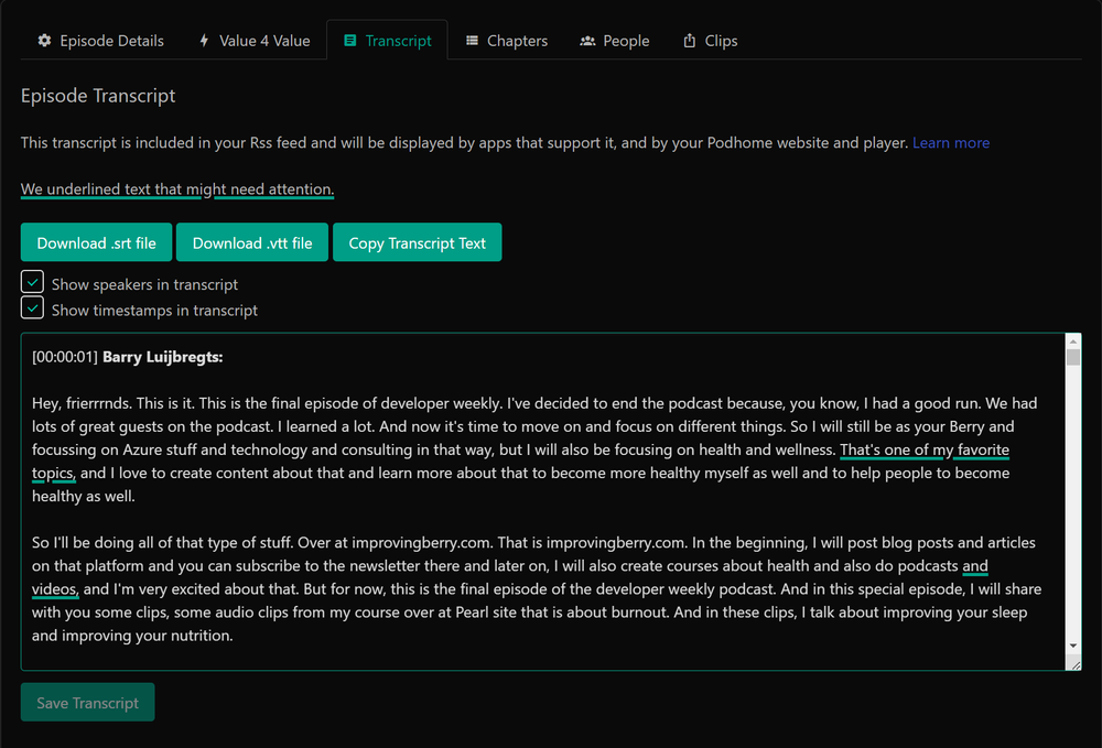 Transcript tab in Podhome episode settings