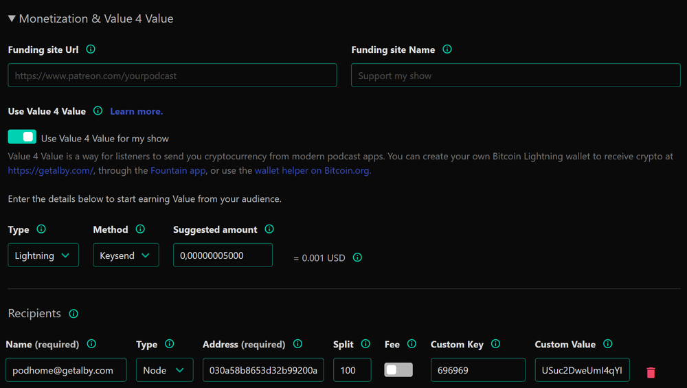 Value 4 Value settings in Podhome